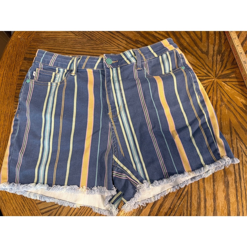 Judy Blue Striped Denim Shorts XL Blue Yellow Pink High Rise Frayed JB150190